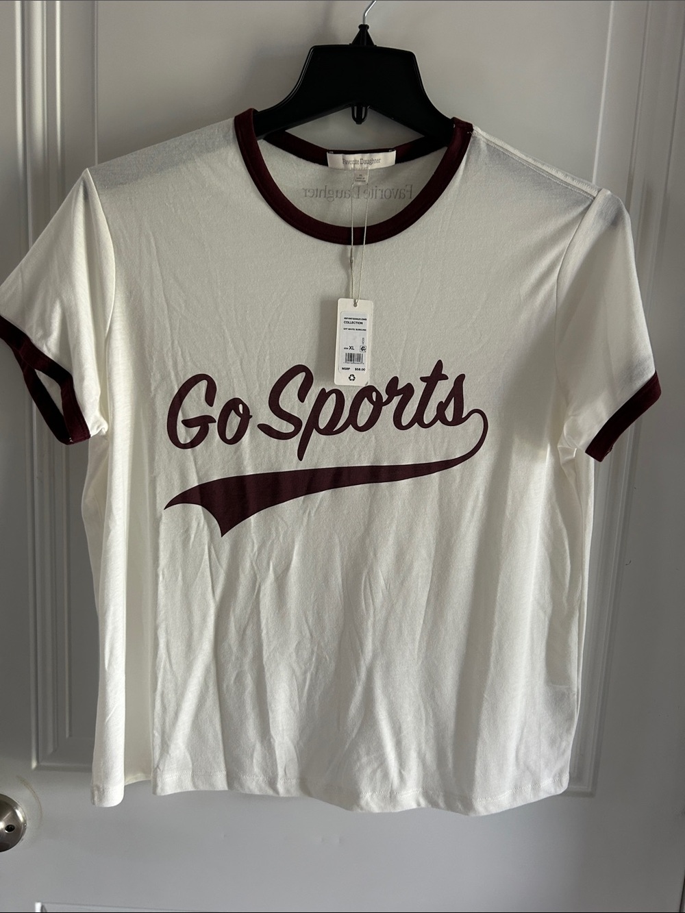 Favorite Daughter White Ringer Tee with Maroon 'Go Sports' Print